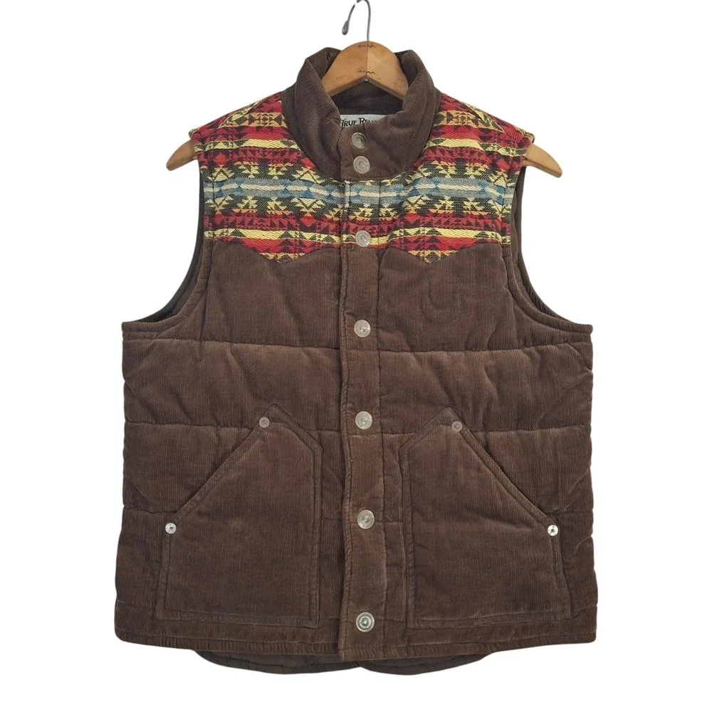 True Religion Corduroy Puffer Vest Men's Medium M Brown Aztec Serape Yoke Y2K